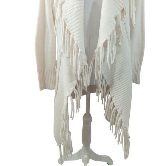 7TH AVENUE! VANILLA CREAM FRINGED, FINELY KNIT, POCKETED CARDIGAN SWEATER! SZ XS - Picture 4 of 12